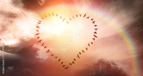 Lecące ptaki w kształcie serca na rozświetlonym niebie