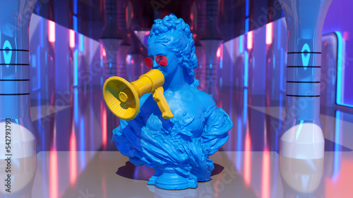 3d render bust of a woman in blue color speaks into a megaphone in yellow color, announcement, promotion, support, emphasis