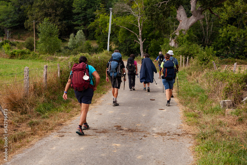 Group of Pilgrims walking on the path of Way of St James called Chemin du Puy, France