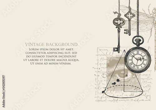 Vector banner on a writers theme with sketches and place for text. Writer workspace. Vintage illustration with hand-drawn human eye, books, dragonfly and unreadable handwritten notes