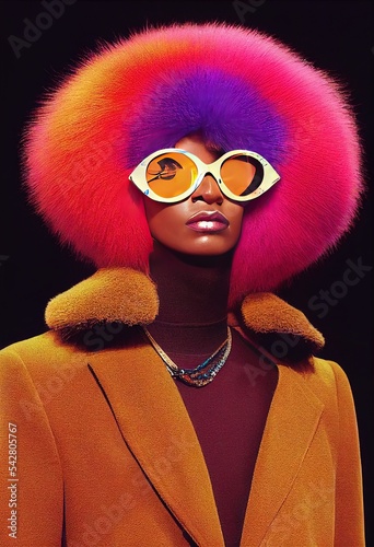 A mannequin wearing a colorful hat and sunglasses, funk art, soft fur texture. Image generated with Artificial Intelligence.