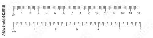 Horizontal scale with 6 inch and 15 centimeter markup and numbers. Measuring chart of metric and imperial units. Distance, height or length measurement tool templates. Vector graphic illustration