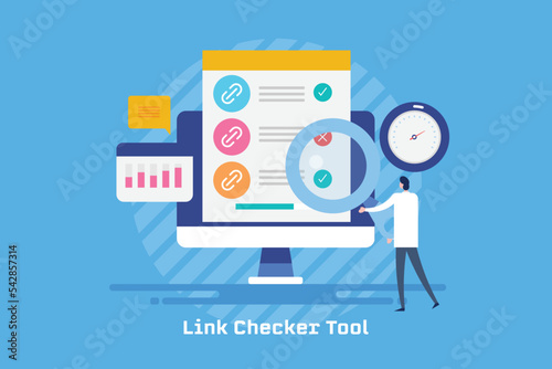 Website link checker software, seo specialist analysing broken url marketing technology concept, vector banner.