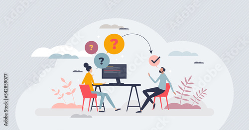 Job interview questions and candidate experience check tiny person concept. Human resources work process with CV evaluation, skill and qualification expertise using conversation vector illustration.