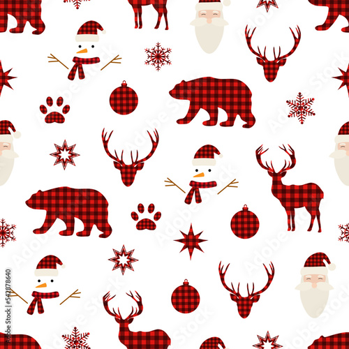 Seamless pattern Christmas elements buffalo plaid vector illustration