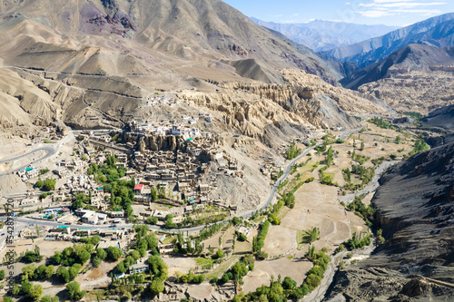 aerial view of Lamayuru village and Lamayuru Monastery or Gompa is a tibetan style buddhist monastery in Ladakh, north India