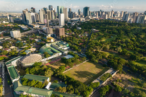 Metro Manila, Philippines - Aerial of La Salle Green Hills and the Ortigas Skyline.