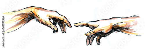 God's creation of Adam. Watercolor painting of human hands. Hand touch