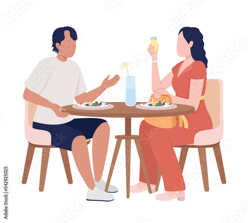 Romantic date semi flat color vector characters. Editable figures. Full body people on white. Mealtime. Dinner at cafe simple cartoon style illustration for web graphic design and animation