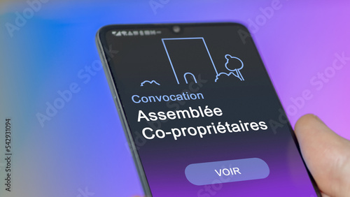 Un co-propriétaire regarde sur son téléphone la convocation de l'assemblée générale de l'immeuble. Le syndic de la copropriété organise une réunion par smartphone. Les propriétaires convoqués.