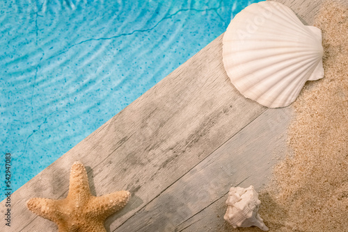 Coquillages vus du dessus sur un dallage en bois au dessus d'une piscine avec une étoile de mer. Ambiance vacances en été.