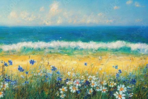 Summer blue sky green sea water wild flowers on beach nature landscape , impressionism art background