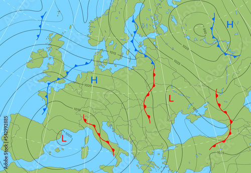 Forecast weather isobar map of Europe. Wind front, temperature and cyclones diagram. Climatology background, climate infographics, synoptic weather forecast vector isobar map of Europe
