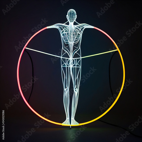 The vitruvian man is a famous art piece made of brightly lit light tubes. It shows the perfect proportions of the human body and is an allegorical symbol of humanism and rationality.