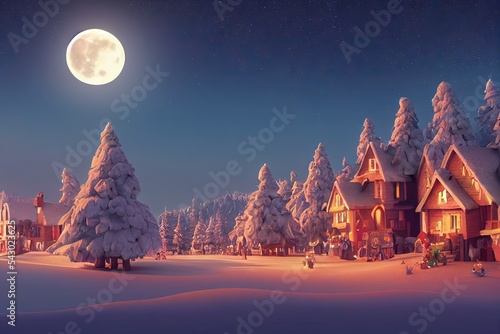 Generative AI 3D rendered winter snow scene cold and serene new for winter 2023. Santa's Village in the North Pole with a full moon over it at night. Beautiful and scenic idyllic Christmas village