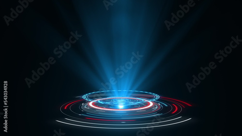 HUD circle interfaces. Hi tech futuristic display. Blue red hologram button. Digital data network protection, future technology network concept FHD. Modern cyberspace innovation. 3D rendering.