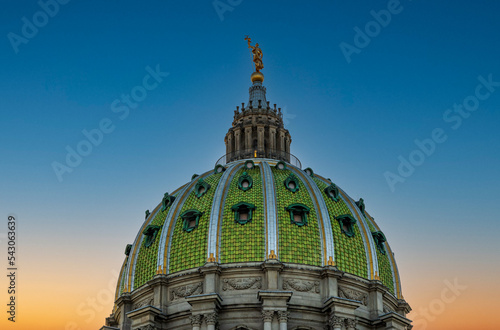 Detail of the tiling and statue on the dome of the Pennsylvania State Capitol building in Harrisburg PA