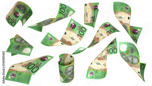 3D rendering of 100 Australian dollar notes flying in different angles and orientations isolated on white background
