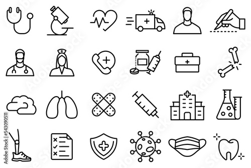 Conjunto de iconos de medicina. Médicos, instrumentos, medicamentos, salud, resultado de exámenes, experimentos. laboratorio. Ilustración vectorial