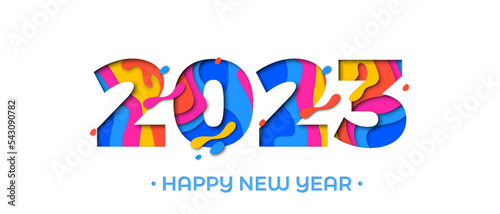 2023 Happy New Year paper cut greeting card. Vector New Year Eve colorful paper cut 2023 number