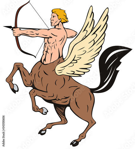 Illustration of centaur with bow and arrow shooting.