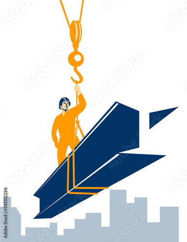 Illustration of construction worker riding on i-beam girder with hook done in retro style.