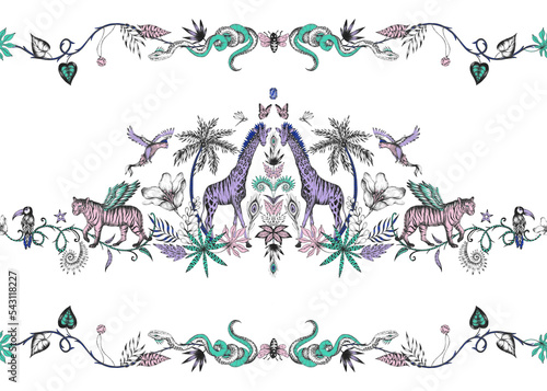 Beautiful trendy composition print with hand drawn chimera animals birds insects and fantasy plants. Stock fashionable textile illustration.
