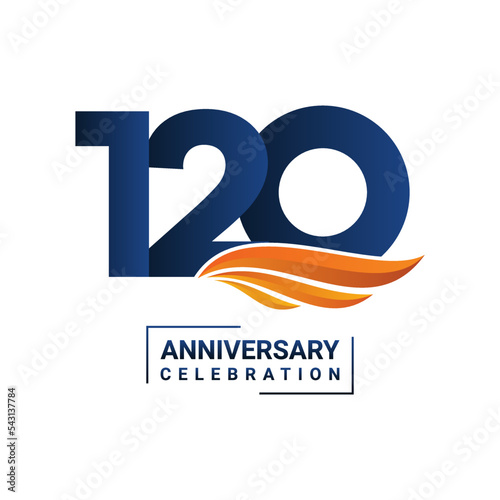 Anniversary celebration decoration. Blue number 120 with orange wings on a white background. Vector illustration EPS10