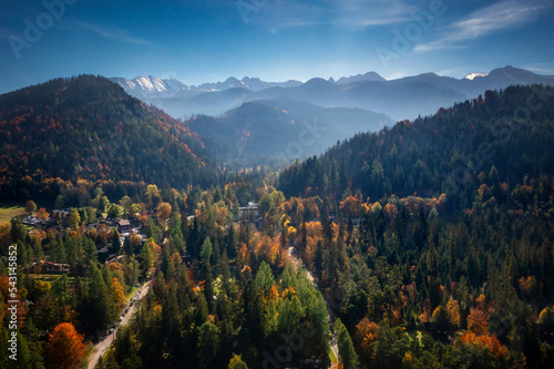 Aerial view of the Zakopane town uder Tatra mountains at autumn. Poland