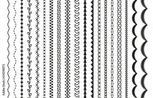 Set of seamless embroidery stitches. Overlock fabric elements. Sewing seams. machine thread sew brushes. Outline border isolated on white background. Simple design. Vector illustration.