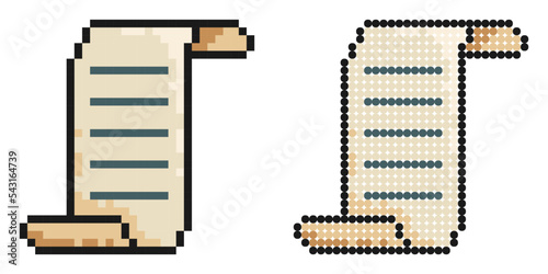 Pixel icon. Scroll paper icon. Papyrus paper rolled up. Conclusion and signing of agreement on papert. Simple retro game vector isolated on white background