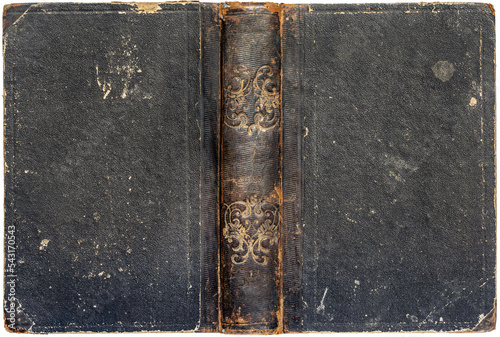 Old open book cover with worn textured grungy paper boards, cracked embossed brown leather spine and floral golden decorations, circa 1853