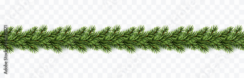 Christmas tree garland seamless banner. Border with green fir branches isolated on transparent background. Vector pine, xmas evergreen plants element template