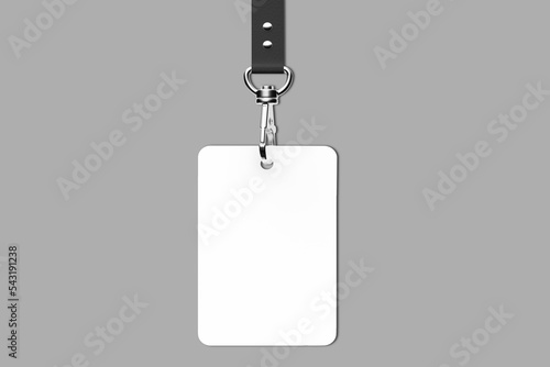 Realistic identification badge blank mockup. white accreditation ID card with black leather ribbon. 3d rendering.