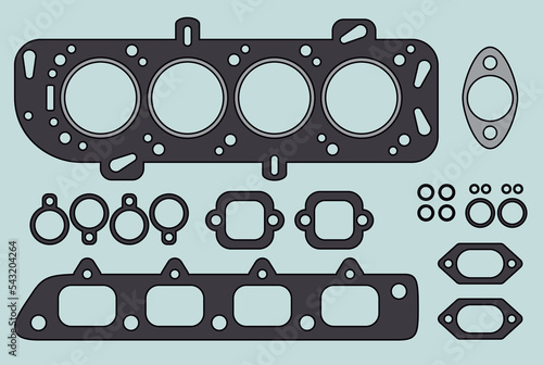 Gaskets and seals kit for 4 cylinder engine cars. Head gasket, exhaust manifold gasket, spark plugs seals, intake gasket, rubber seals and catalytic converter gasket.