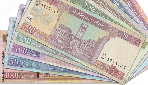 Paper money from Afghanistan. Afghan afghani. Close up banknotes from Afghanistan. Afghan currency 3D render