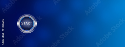 close-up of a start button on abstract blue empty background, minimalist concept banner for the beginning of new activities with copy space