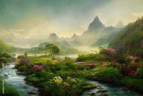 Mountains in the Garden of Eden landscape with flowers