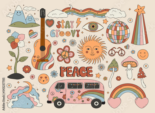Vector set of 60s and 70s hippie clipart illustrations. Hand drawn groovy doodles in seventies style. Cartoon funky stickers. Psychedelic mountains, rainbow, flower, star, guitar, van, sun, mushrooms