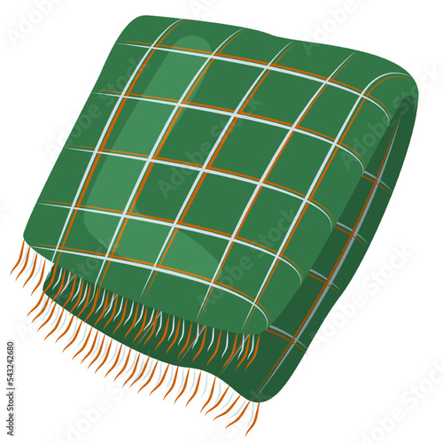 Green blanket with orange and blue stripes. Illustration of a coverlet for autumn and winter themes. Warming fabric for cold weather