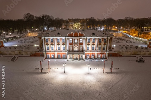 Aerial view of the illuminated Kadriorg Palace in Kadriorg, Tallinn, Estonia