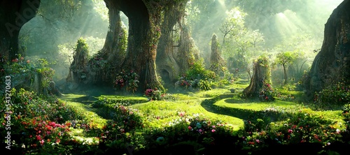 Unreal fantasy landscape with trees and flowers. Garden of Eden, exotic fairytale fantasy forest, Green oasis. Sunlight, shadows, creepers and an arch. 3D illustration.
