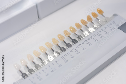 Shade guide for dentist and technician, for teeth whitening - close up. Stomatology, medicine, restoration concept