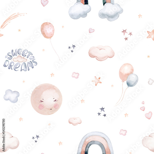 Watercolor pattern for children with sleeping baby deer. baby fabric, poster pink with beige and blue clouds, moon, sun. Nursery kitty print illustration textile