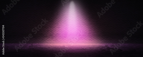 Dark abstract brick wall with the beam of spotlight, studio room interior mockup, product display stand, neon retrowave background. 3d rendering