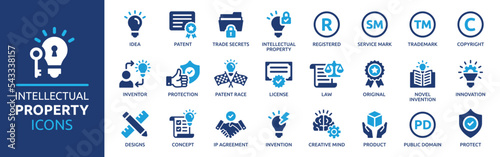 Intellectual property icon set. Containing copyright, trademark, registered, service mark, business idea, patent symbols and more. Business concept icon collection. Vector illustration.