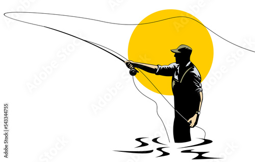 illustration of a fly fisherman casting rod and reel done in retro style