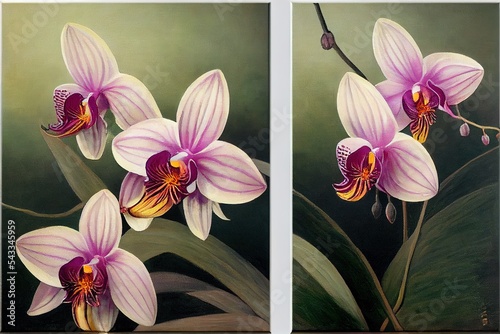 Oil painting with flower orchid, leaves. Botanic print background on canvas diptych In Interior, art.