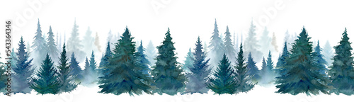 針葉樹林の水彩イラスト。奥行きのある森林の風景。シームレスパターン。