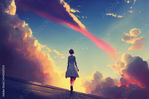 fille de dos sur un toit regarde le ciel coloré, style anime
